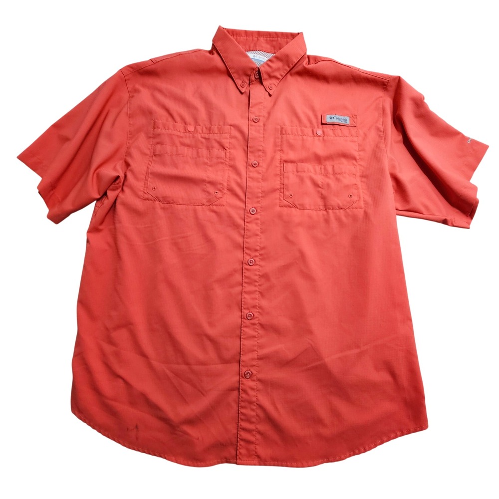 Columbia‎ PFG Men XL Short Sleeve Fishing Shirt Red Vented Omni-Shade Ripstop *